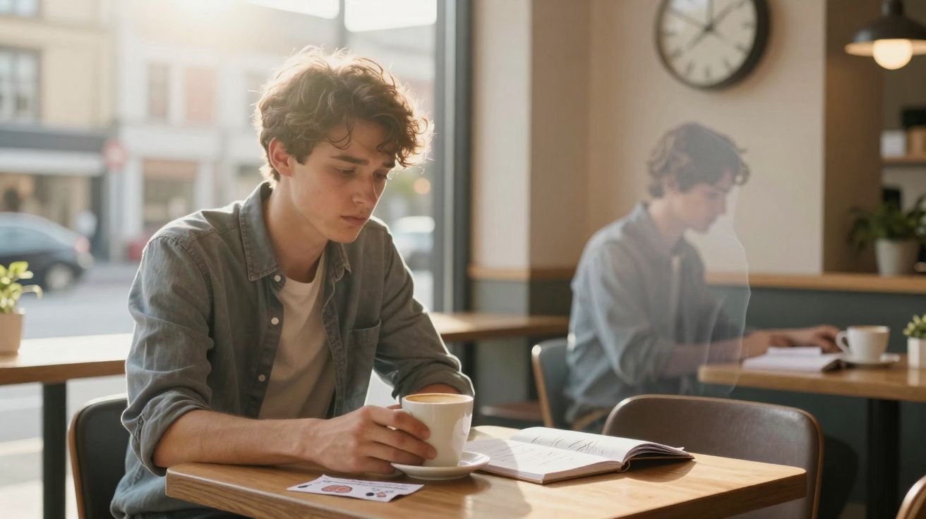 Jovem sentado numa cafetaria a ler um livro, com uma chávena de café na mão, e reflexo no vidro.