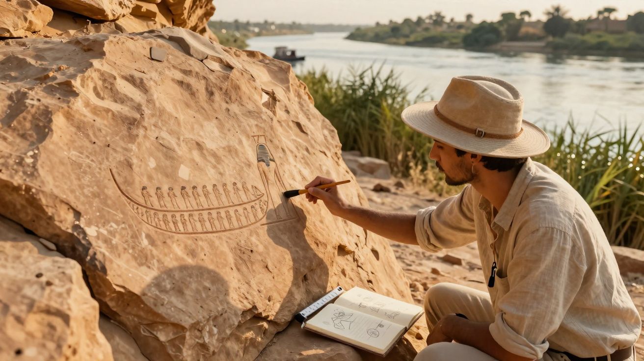 Homem com chapéu desenha gravura antiga de barco numa rocha junto a um rio num cenário desértico.