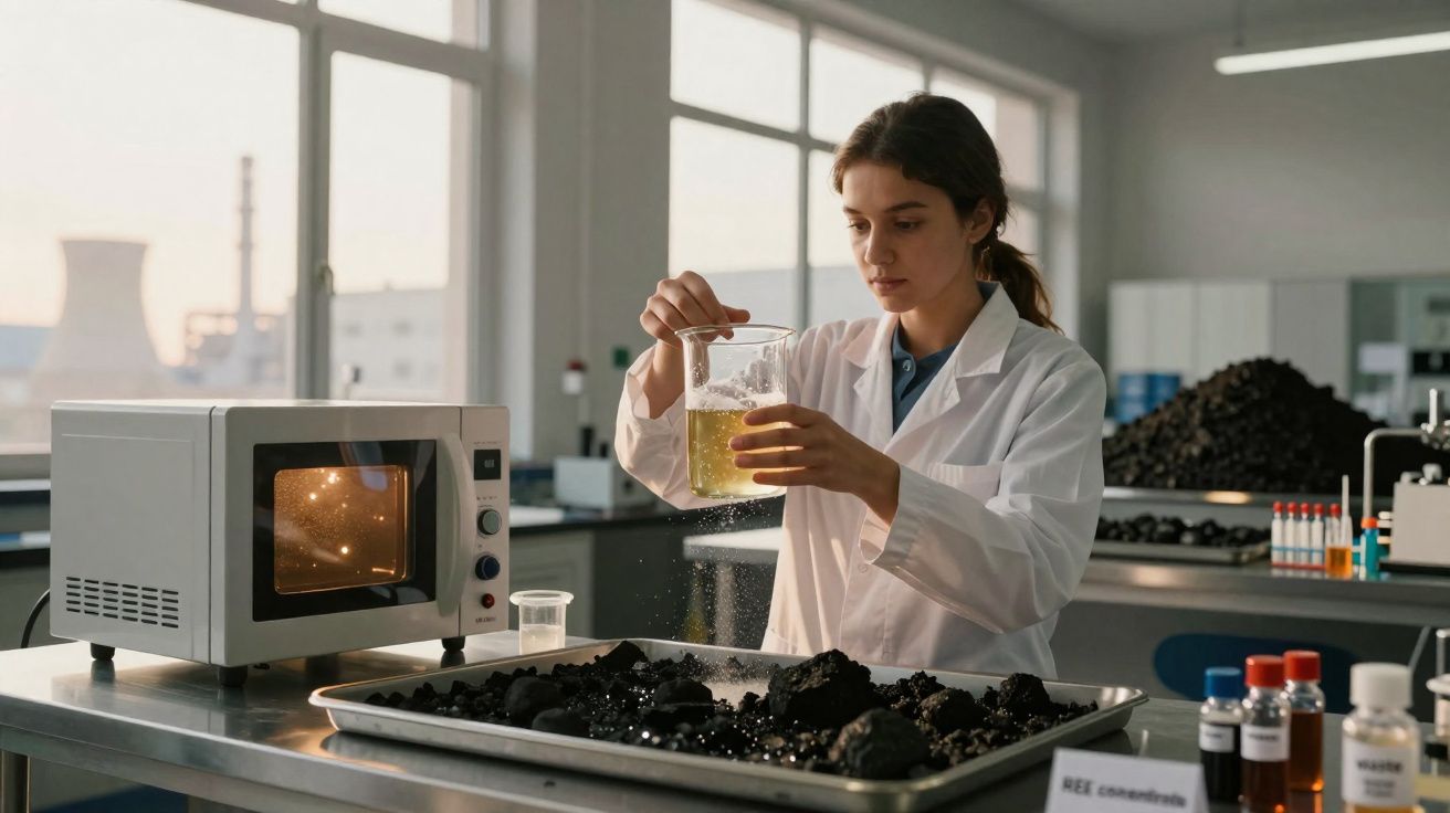 Mulher cientista em laboratório, manuseando líquido amarelo em béquer junto a amostras de solo e micro-ondas.