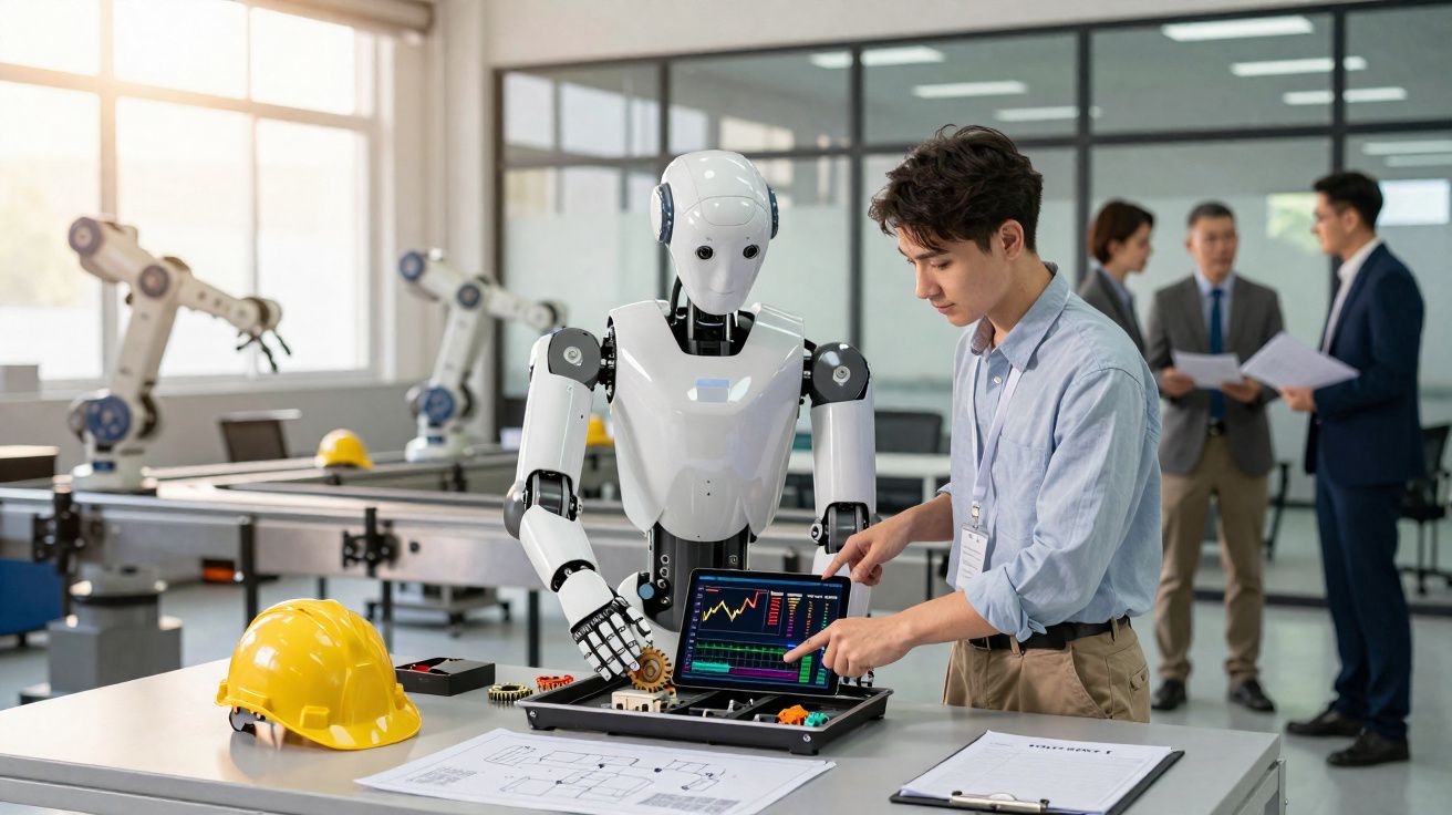 Homem e robô a analisar gráficos num tablet numa oficina de engenharia com máquinas industriais ao fundo.