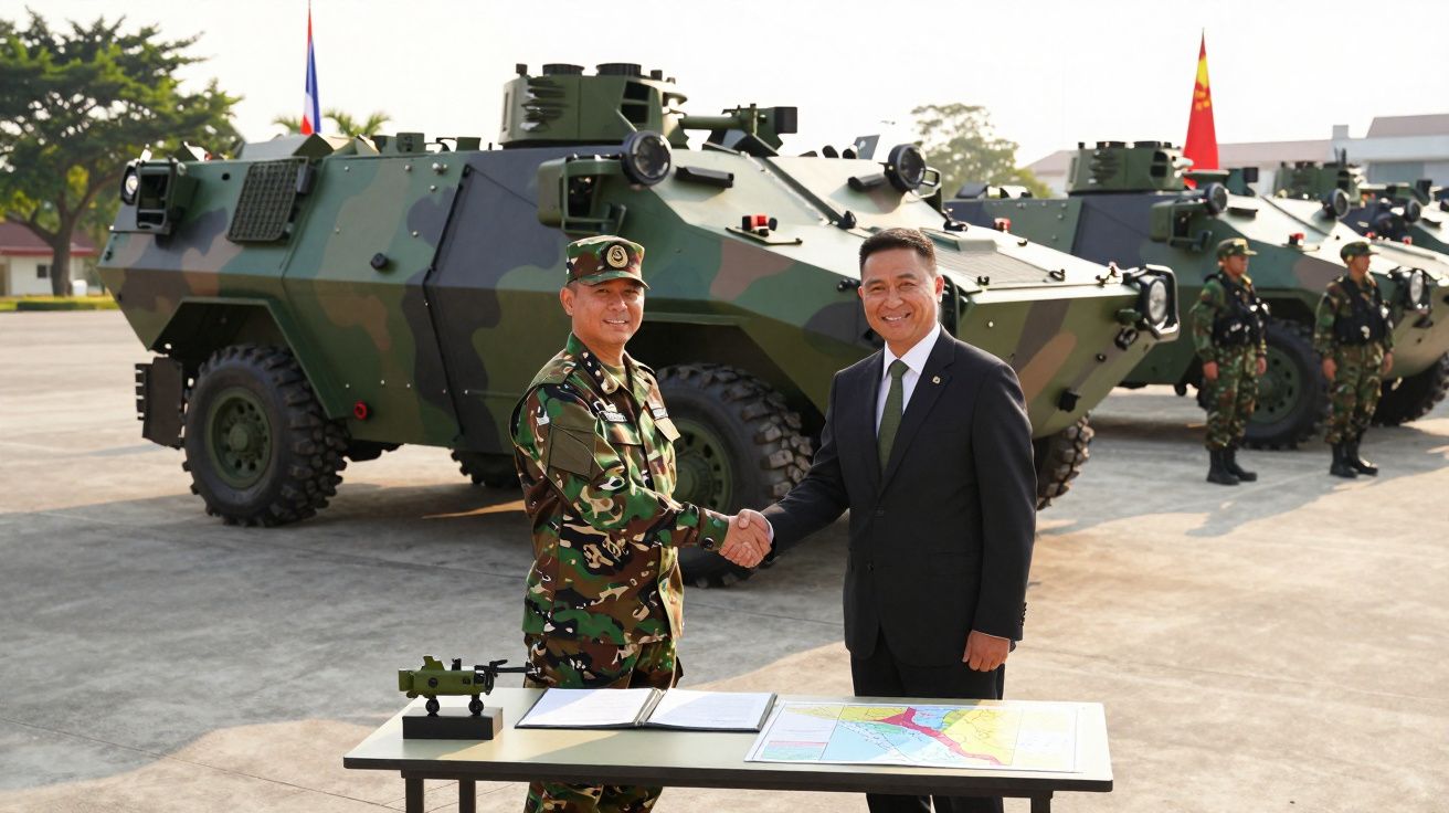Militar e civil apertam as mãos junto a veículos blindados durante cerimónia ao ar livre.