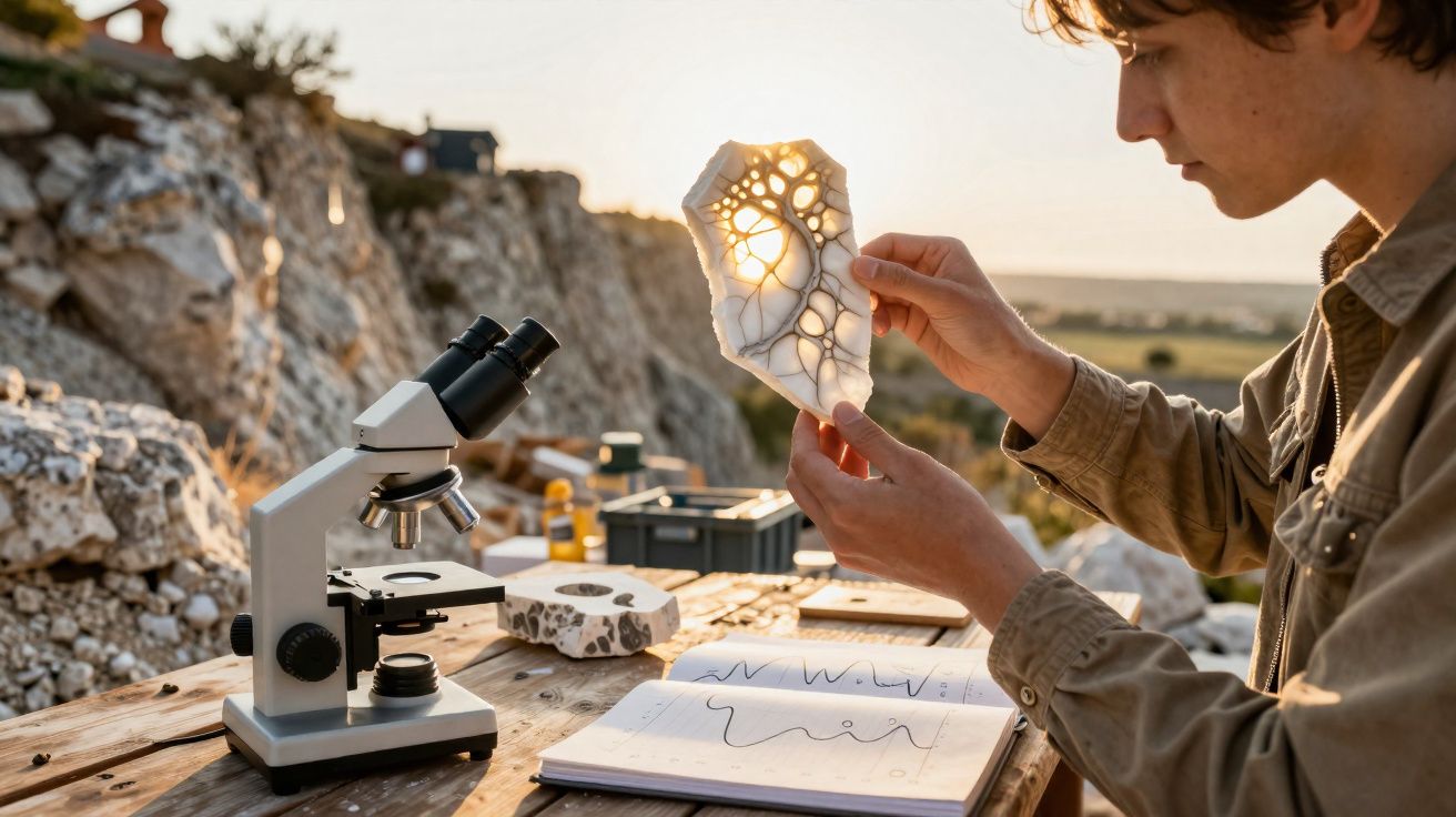 Pessoa a observar uma rocha translúcida na mão, com microscópio e caderno de apontamentos numa mesa ao ar livre.