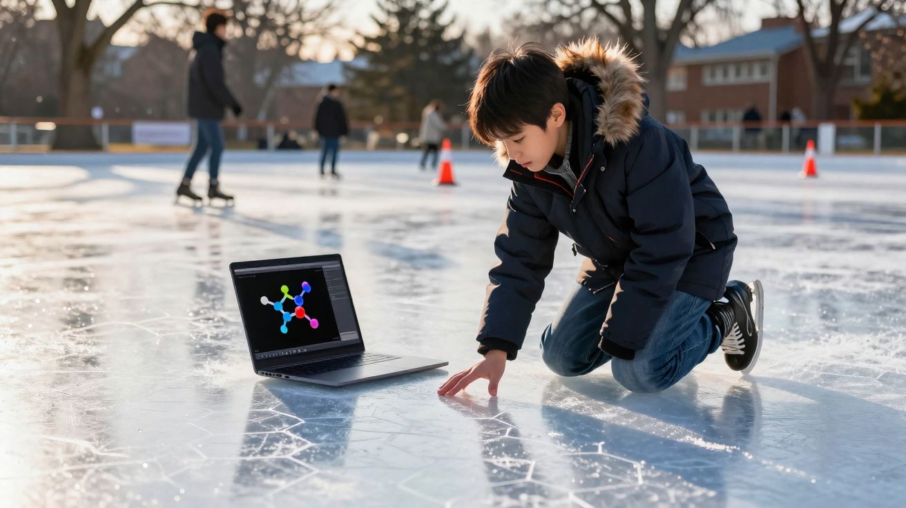 Rapaz de casaco quente a ajoelhar numa pista de gelo ao lado de um portátil com gráfico colorido no ecrã.