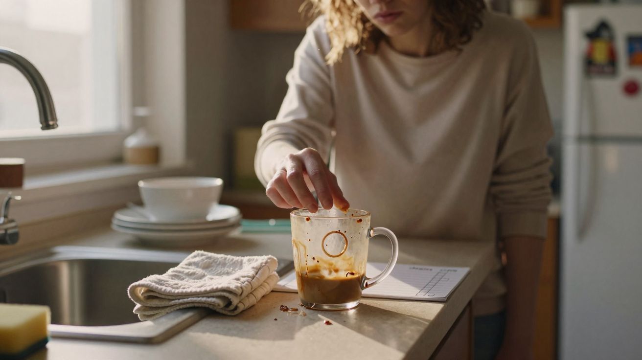 Pessoa a limpar um copo com restos de café numa bancada de cozinha iluminada pela luz natural.