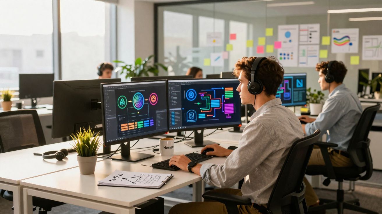 Jovem a trabalhar em escritório moderno, com dois ecrãs e gráficos digitais, usando auscultadores.