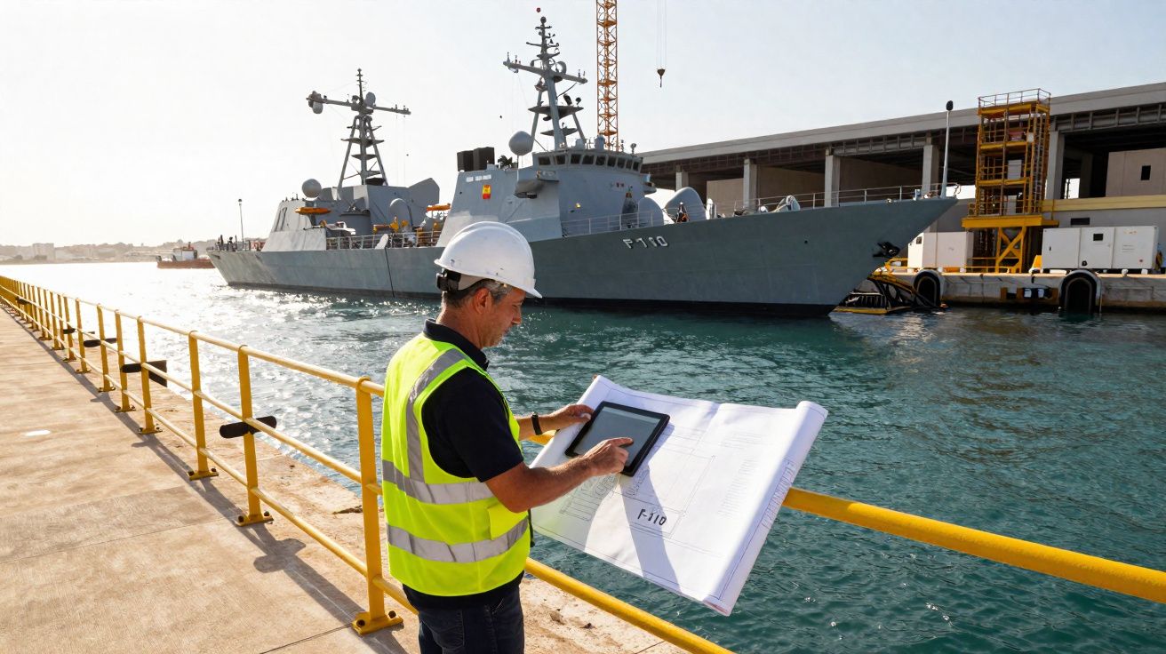 Homem com capacete e colete reflector verifica plantas junto a doca com navio militar atracado.