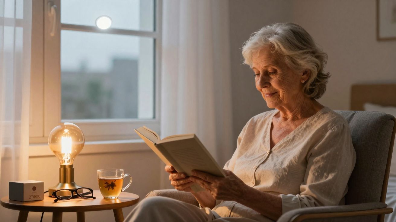 Idosa sentada numa cadeira a ler um livro, com lâmpada acesa e chá numa mesa perto da janela ao entardecer.