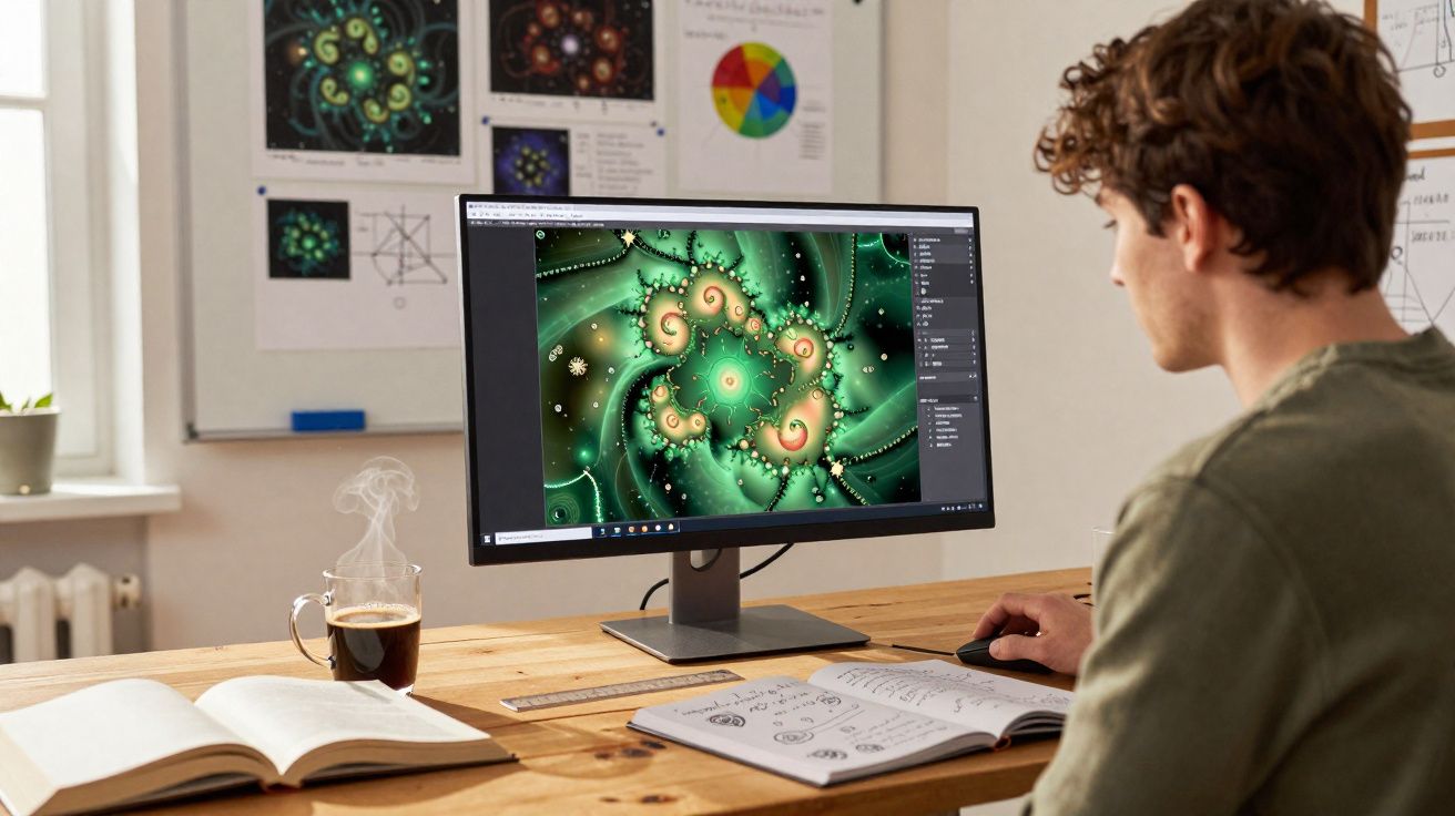 Jovem a trabalhar num computador com fractal colorido verde, rodeado de livros e diagramas numa parede.