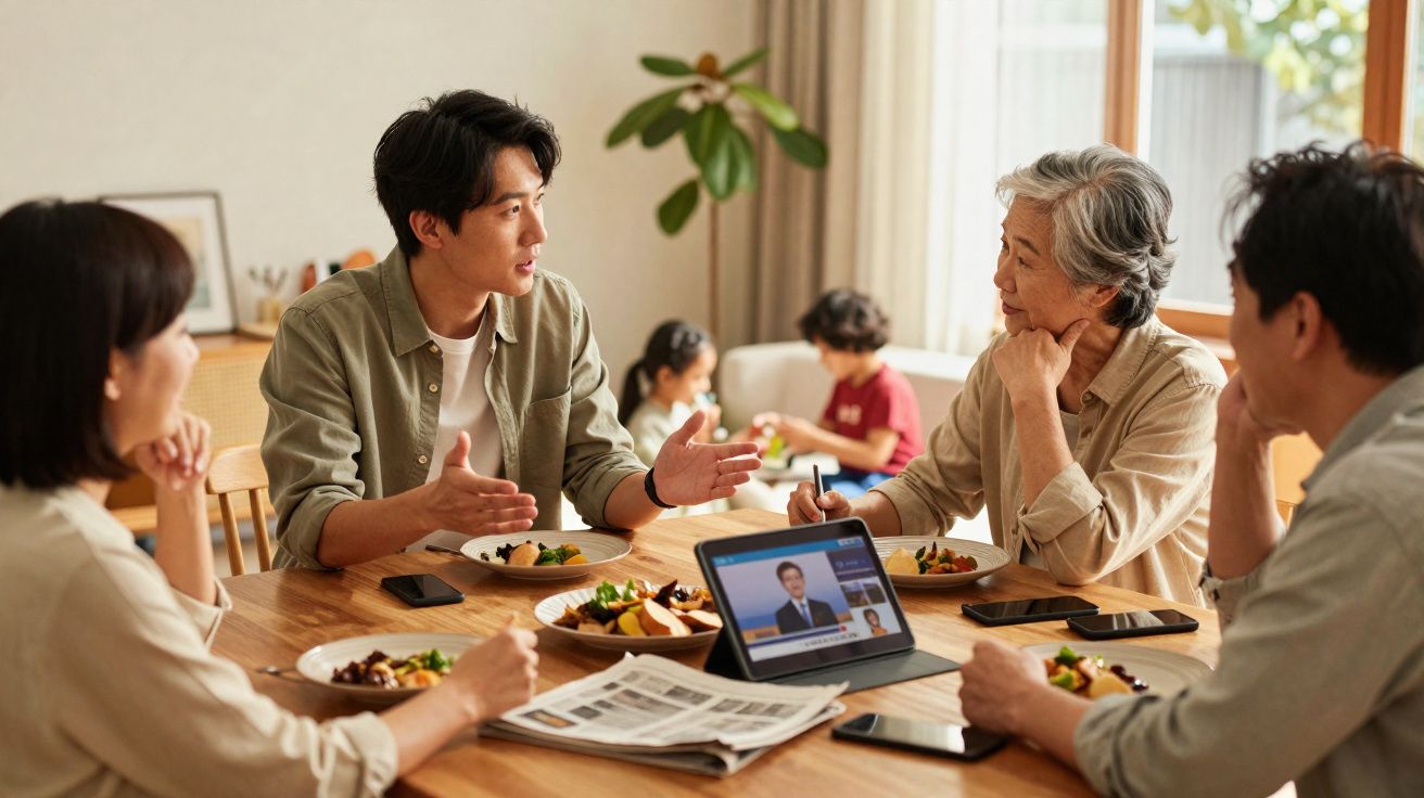 Família asiática a discutir e a partilhar uma refeição em casa, com crianças ao fundo e um tablet na mesa.