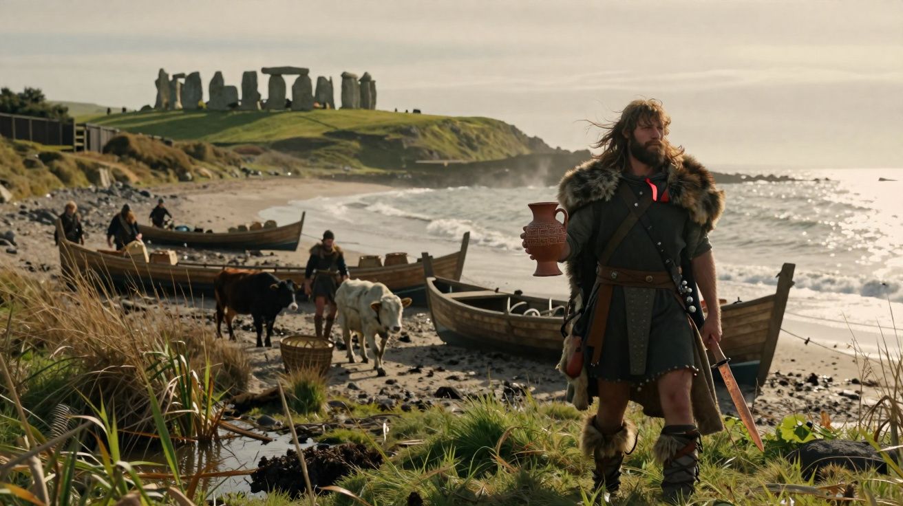 Homem vestido de guerreiro viking junto a barcos e vacas na praia, com Stonehenge ao fundo.