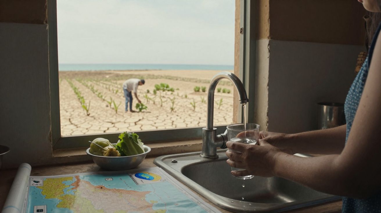 Pessoa a encher copo de água numa torneira, com homem a cultivar plantas em solo seco visto pela janela.