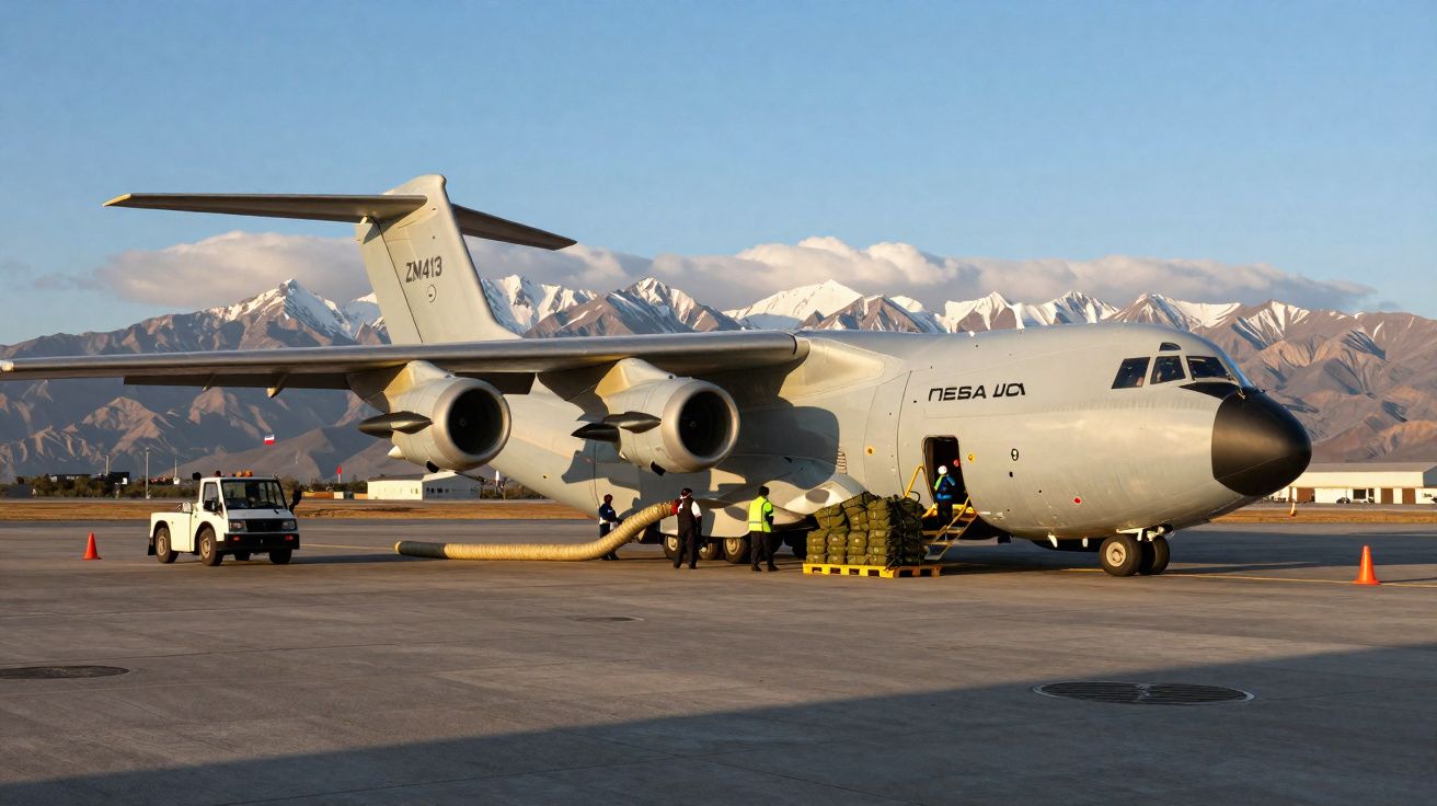 Avião militar estacionado em pista com montanhas nevadas ao fundo e pessoas a carregar equipamentos.