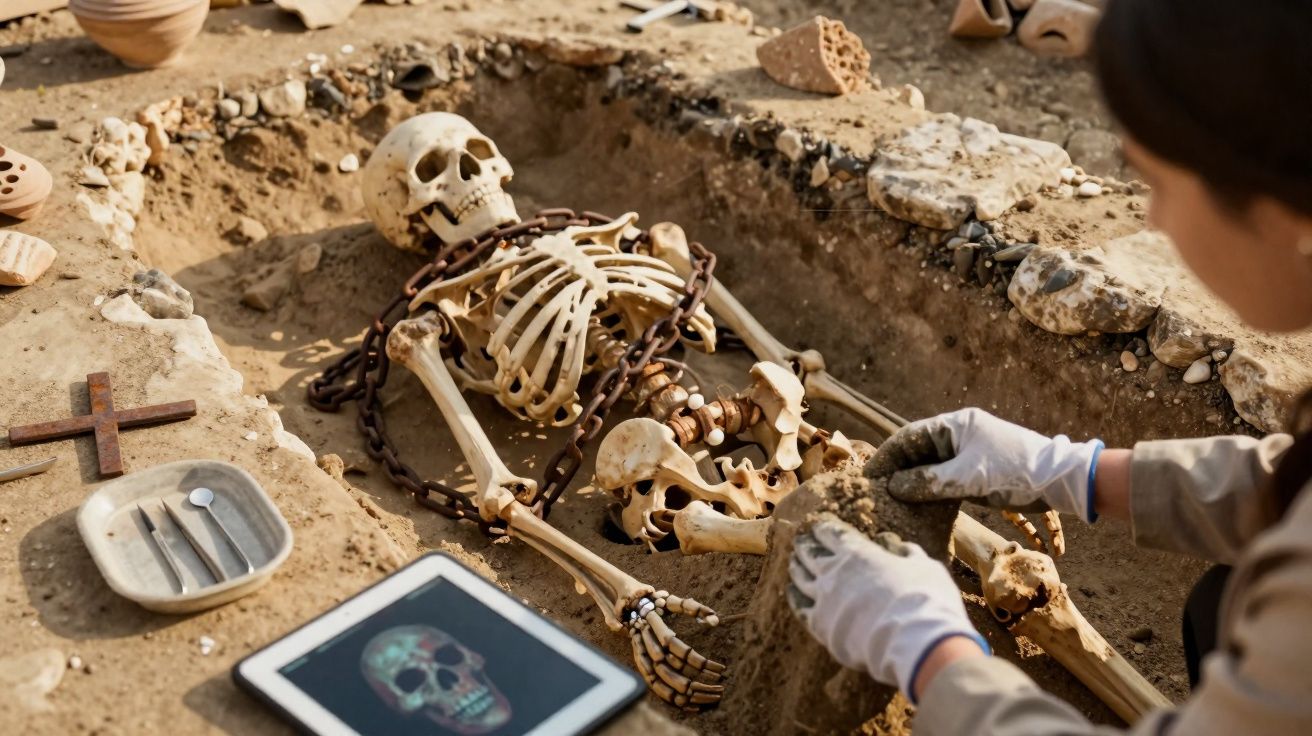 Esqueleto humano antigo com correntes a ser escavado por arqueóloga num sítio arqueológico.