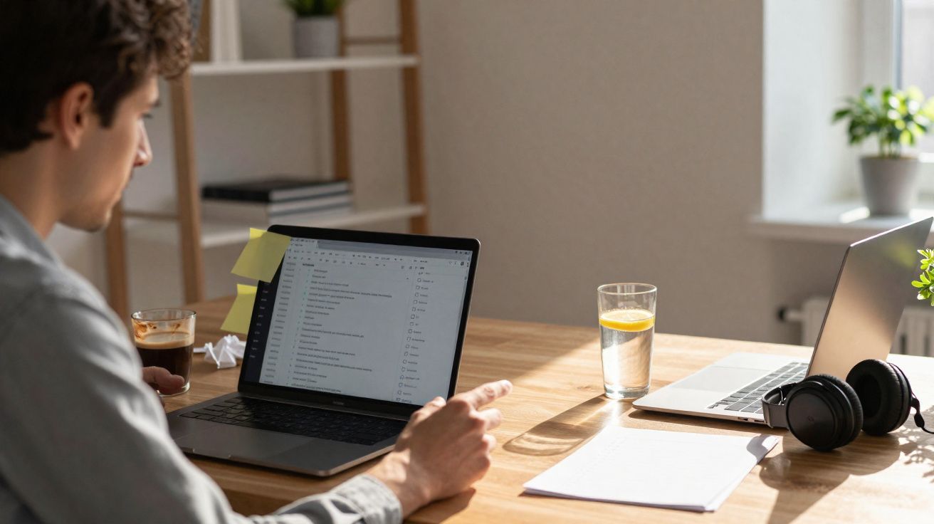 Homem a trabalhar num portátil numa mesa com copo de água, café, auscultadores e papéis, em ambiente luminoso.