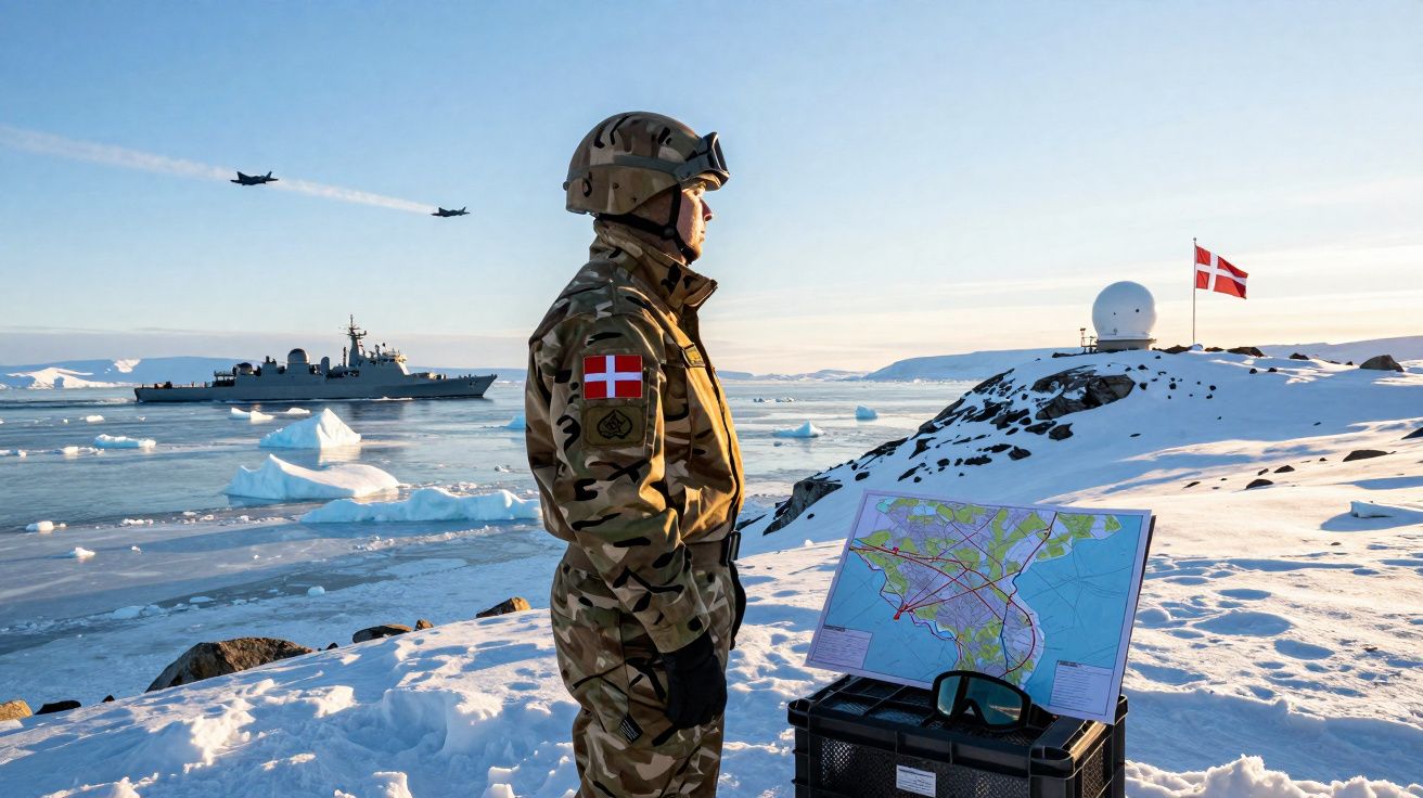 Soldado dinamarquês em localização nevada observa o mar com navio e aviões em área polar.