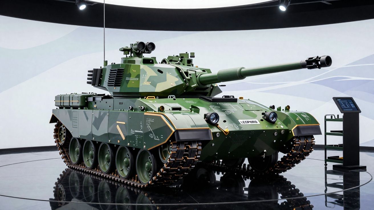 Tanque de guerra verde camuflado exposado em sala com sistema de rastos e canhão frontal longo.