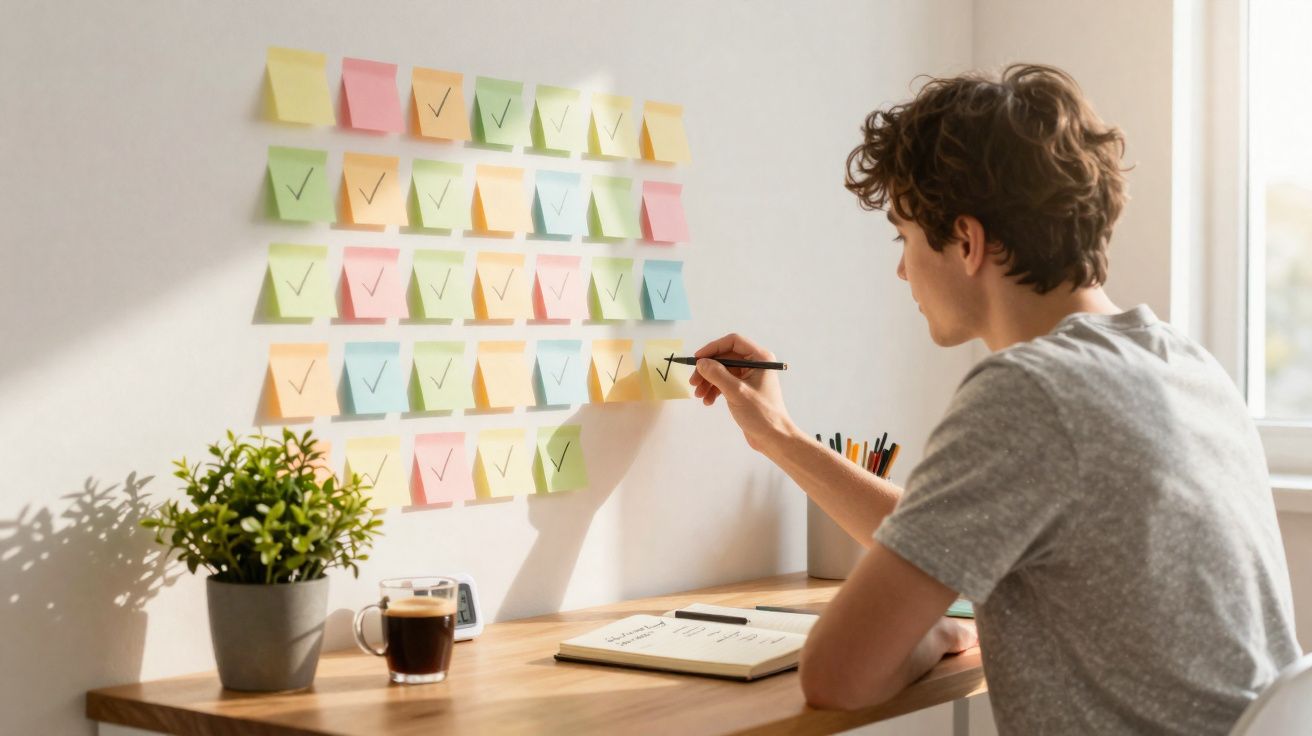 Pessoa marca tarefas em notas coloridas coladas numa parede iluminada junto a uma secretária com planta e caderno.