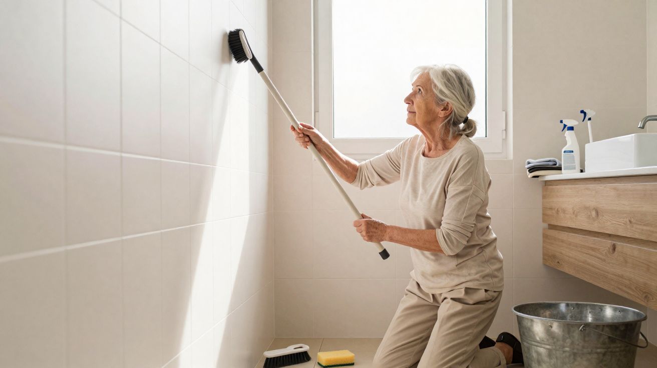 Mulher idosa a limpar azulejos de casa de banho com uma escova de cabo longo.