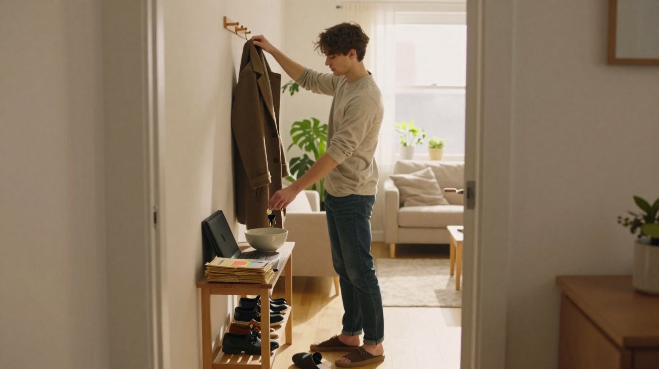 Homem jovem a pendurar casaco numa parede, junto a sapateira e sala iluminada ao fundo.