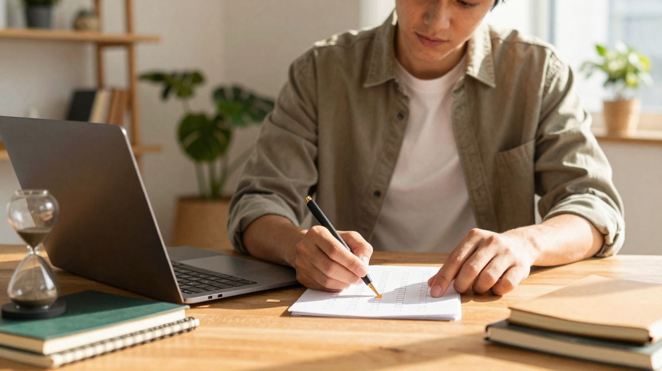 Pessoa a escrever num calendário junto a um computador portátil numa mesa de madeira clara.