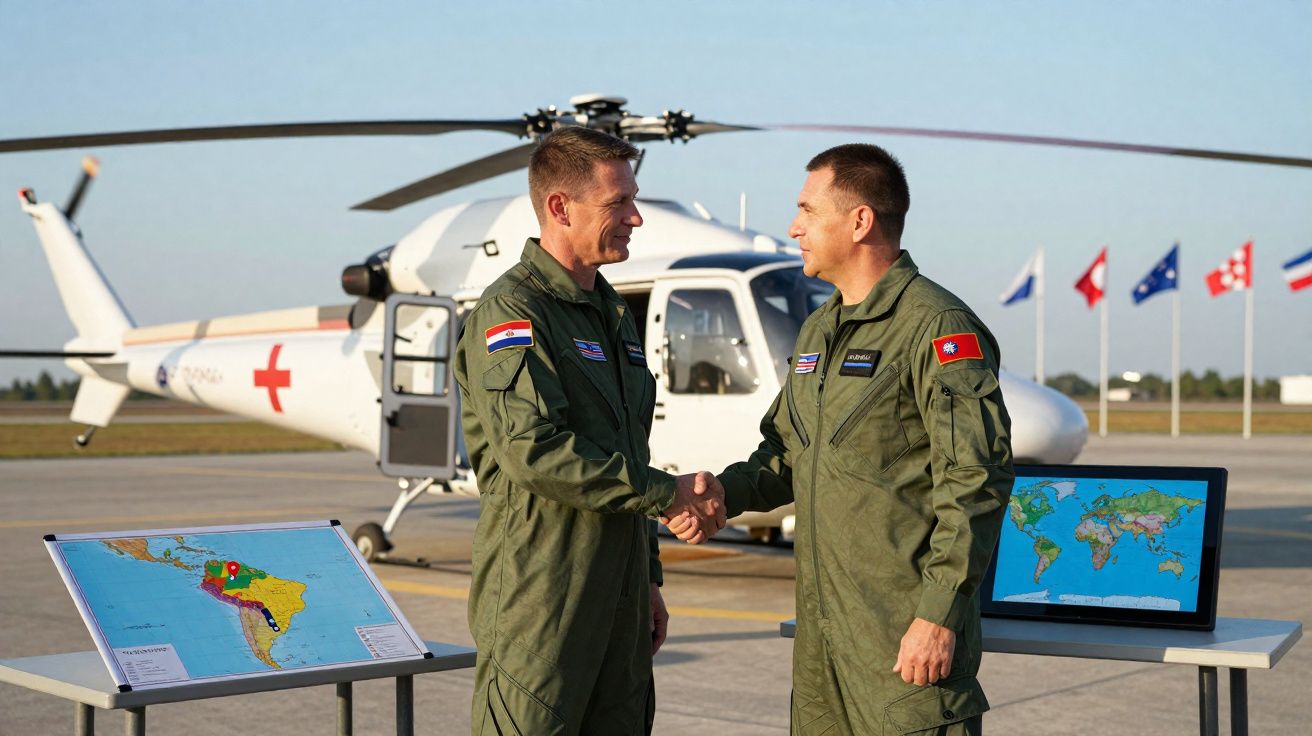 Dois pilotos em fato verde apertam as mãos junto a um helicóptero branco com sinal de cruz vermelha e mapas em suportes.