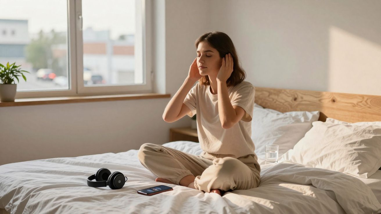 Mulher jovem sentada na cama com os olhos fechados e mãos nos ouvidos, ao lado de auscultadores e telemóvel.