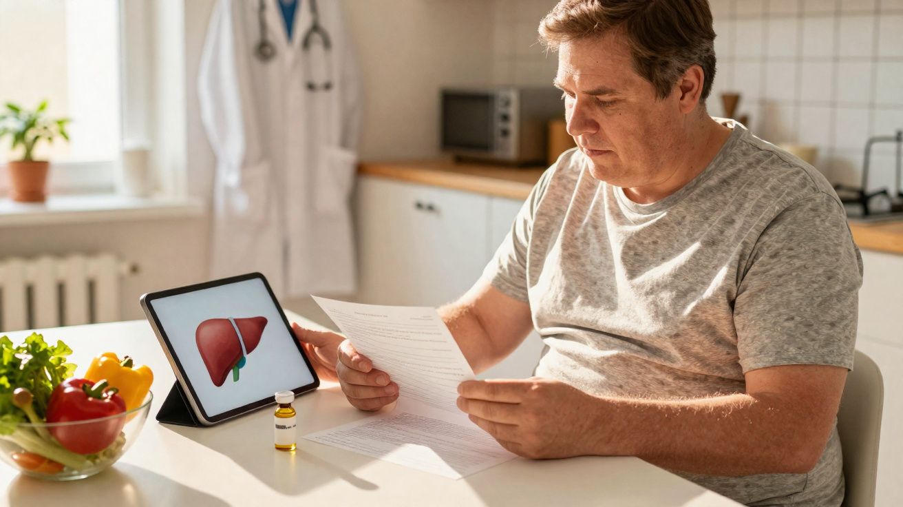 Homem sentado à mesa a ler resultados médicos com imagem de fígado num tablet à sua frente.