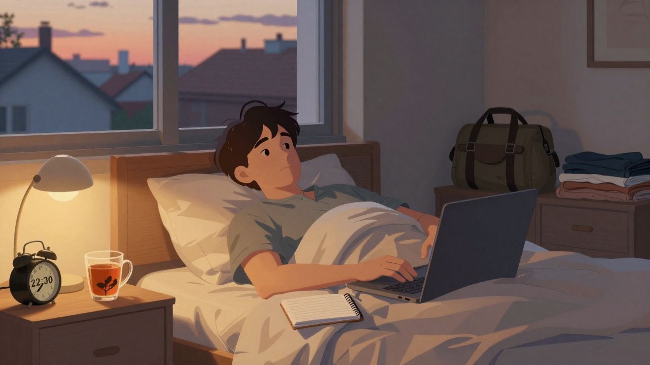 Rapaz deitado na cama com portátil, relógio marcando 22:30, chá e bloco de notas ao lado, quarto ao anoitecer.