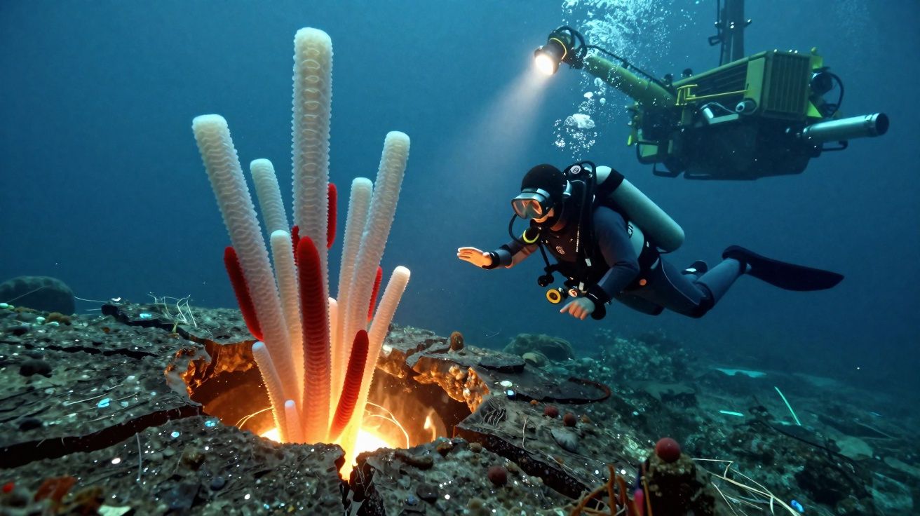 Mergulhador observa estrutura vulcânica submarina com colunas tubulares iluminadas por submersível.