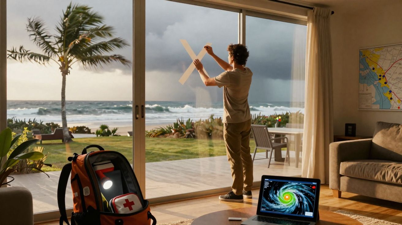 Pessoa a colocar fita adesiva em janela de casa junto à praia, com mochila de emergência e laptop aberto com imagem de furacã