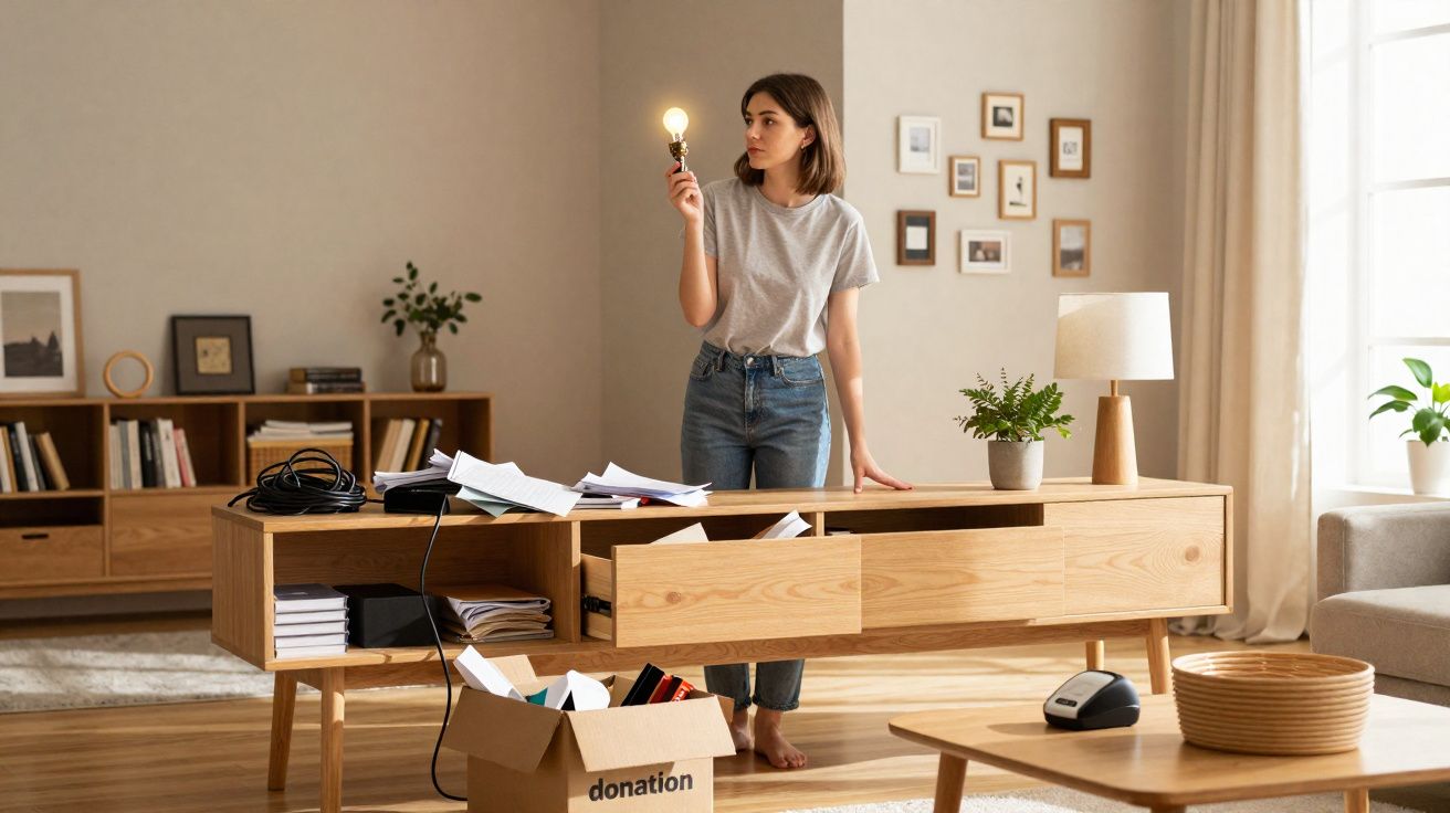 Mulher em pé ao lado de secretária de madeira, segurando lâmpada acesa, rodeada de papéis e uma caixa de donativos.