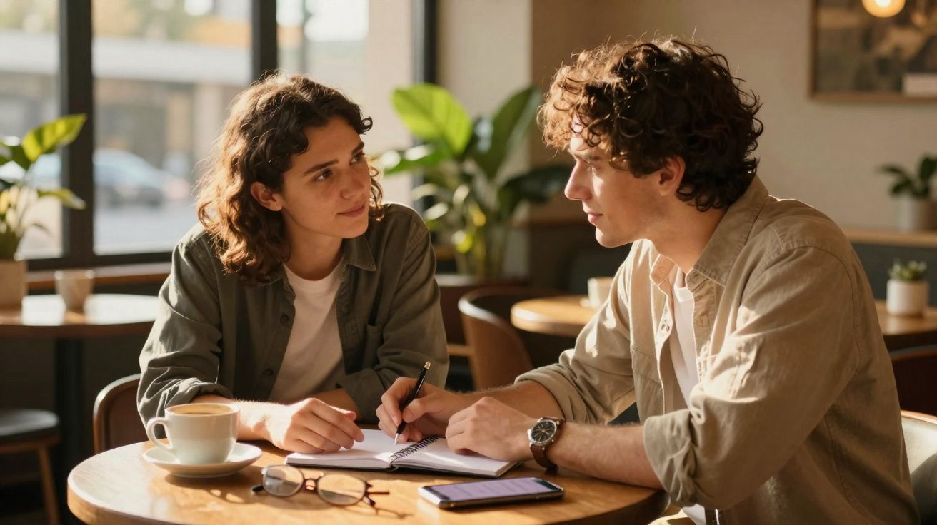 Duas pessoas conversam e tomam notas num café com luz natural e ambiente descontraído.