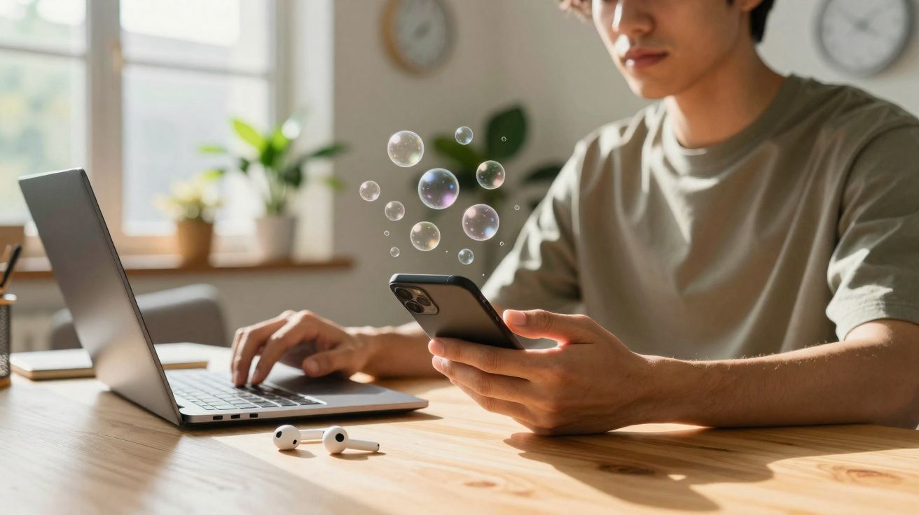 Pessoa a usar telemóvel com bolhas virtuais, ao lado de computador portátil e auscultadores numa mesa.