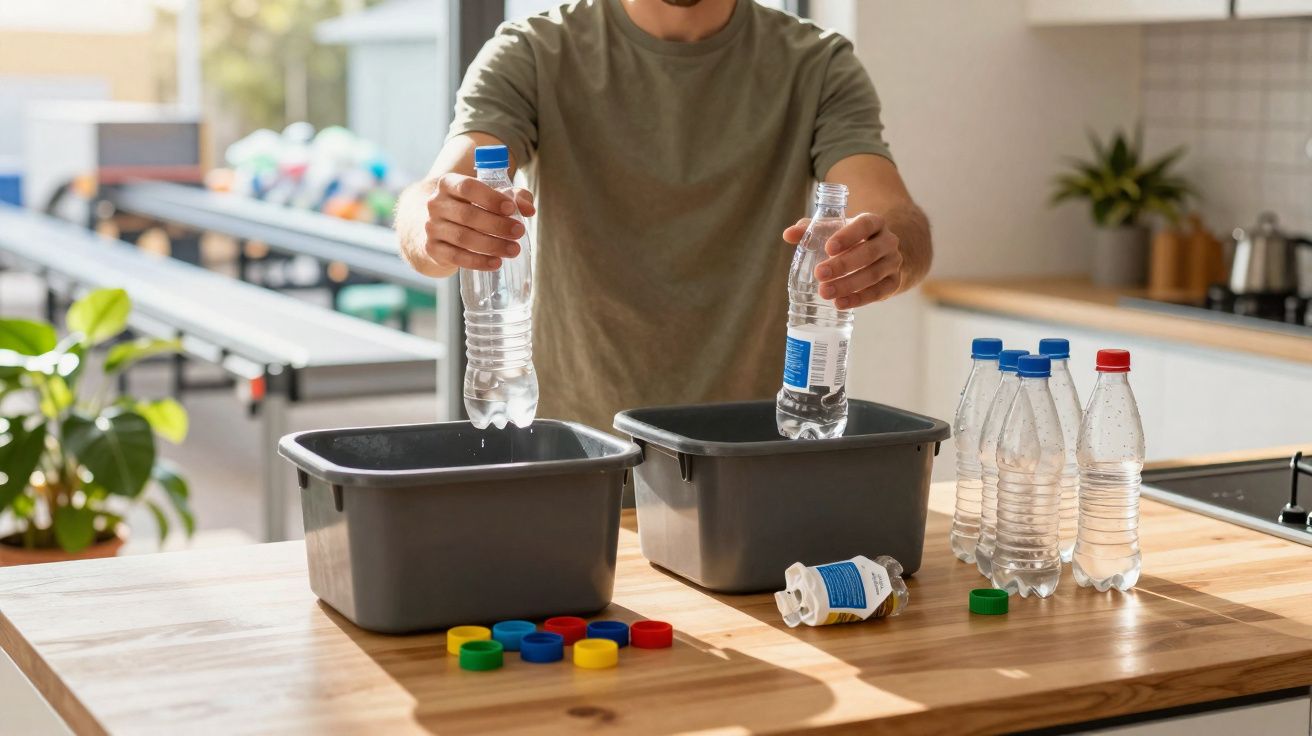 Pessoa a separar garrafas plásticas para reciclagem numa cozinha, com tampas coloridas na mesa.