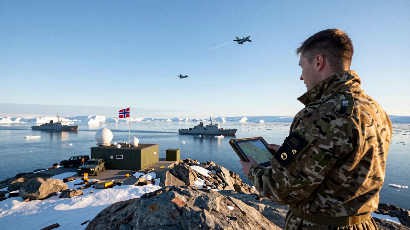 Soldado norueguês com tablet observa navios militares e aviões num ambiente ártico com gelo e neve.