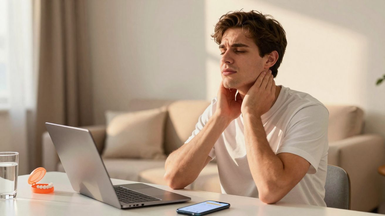 Jovem sentado à mesa com portátil e telemóvel, massajando o pescoço com expressão de desconforto.
