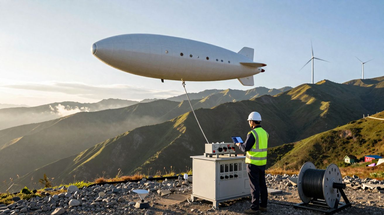 Pessoa com colete e capacete controla balão elétrico em área montanhosa com eólicas ao fundo.
