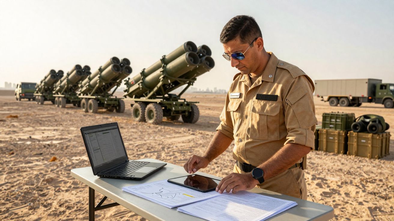 Militar em uniforme bege consulta tablet e documentos numa mesa portátil no deserto, com lançadores de mísseis ao fundo.