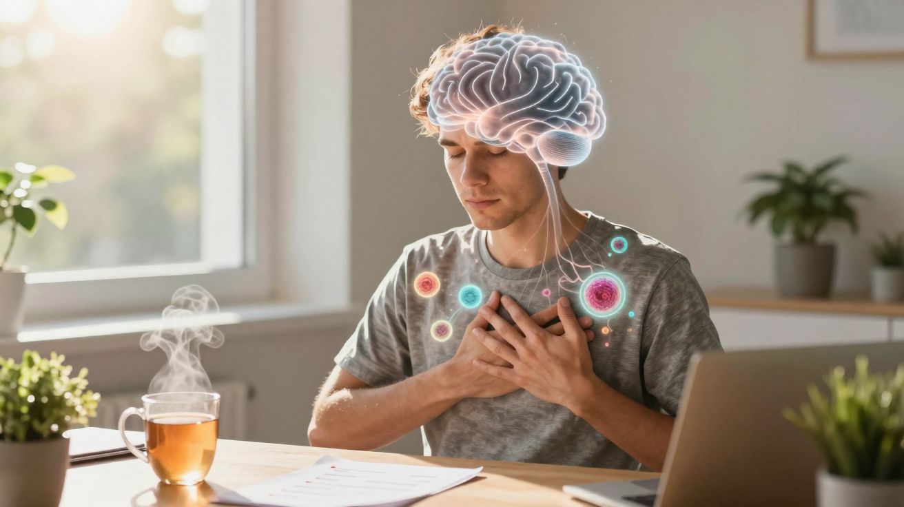 Jovem sentado a trabalhar com mãos no peito, ilustração de cérebro e conexões neurais sobrepostas.