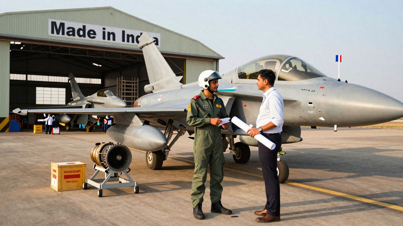 Dois homens junto a um caça militar cinzento no aeroporto com hangares ao fundo, um com placa "Made in India".