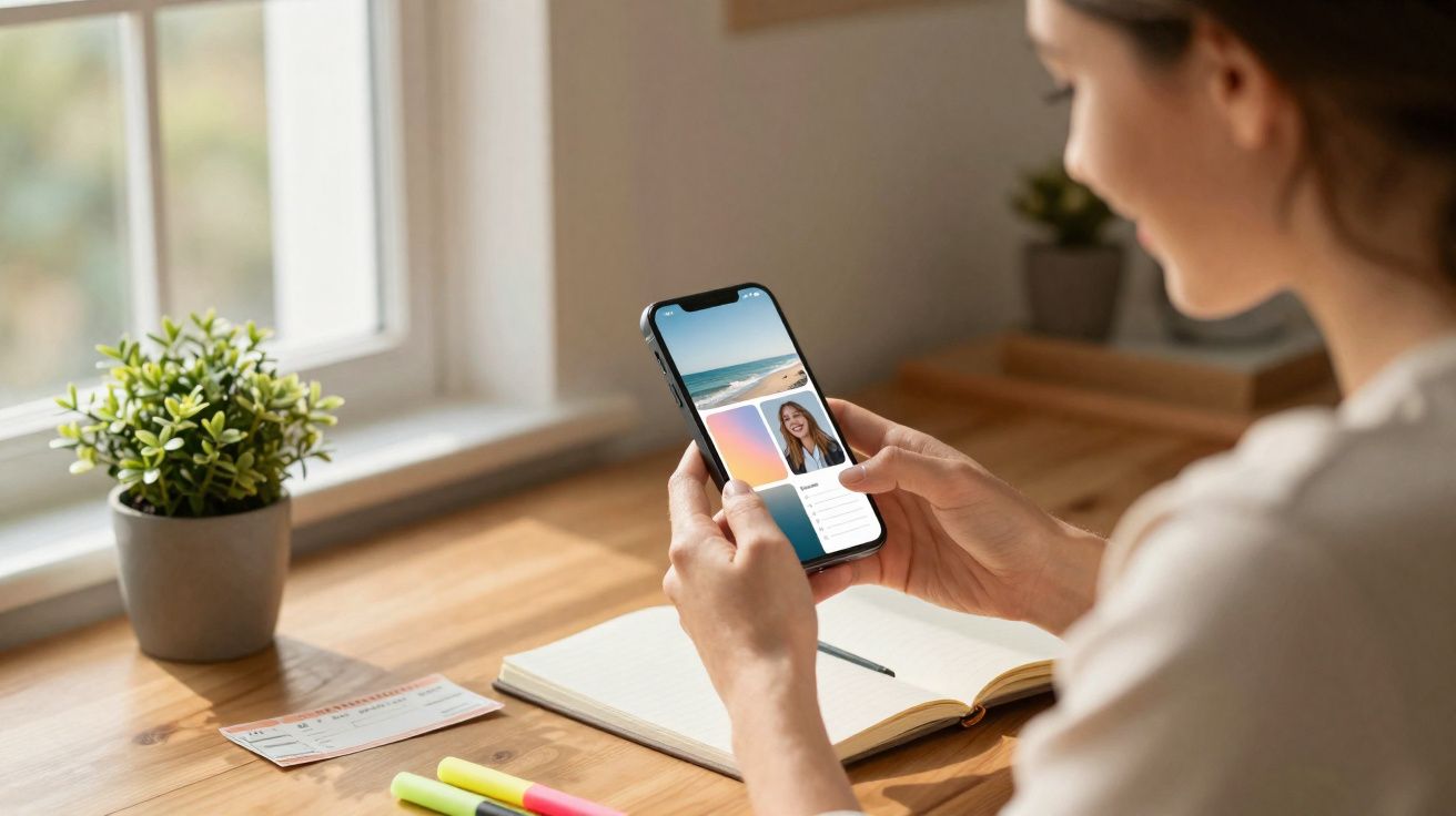 Mulher a usar telemóvel com videchamada num ambiente de escritório com caderno e planta ao fundo.