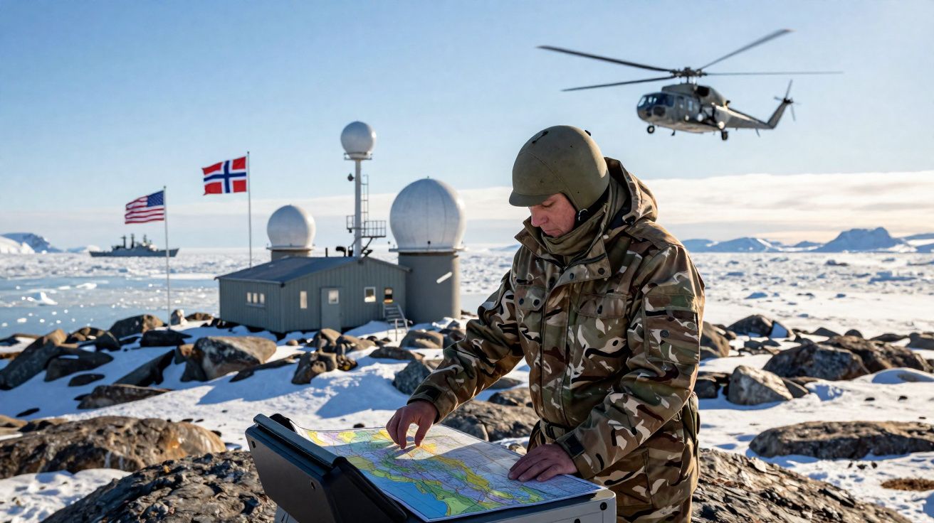 Soldado em uniforme camuflado consulta mapa em paisagem gelada com helicóptero, bandeiras e radar ao fundo.
