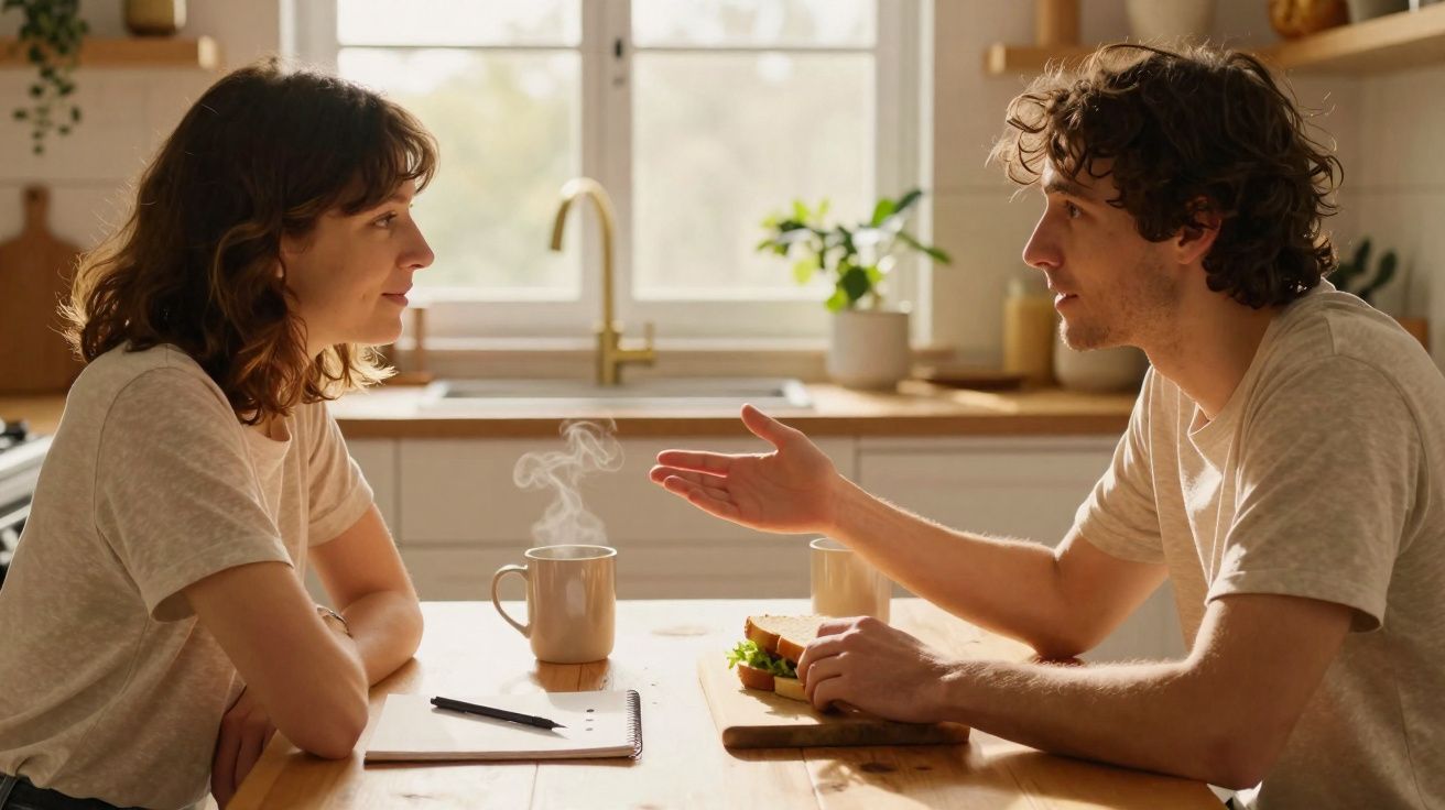 Homem e mulher conversam à mesa da cozinha com chá quente e sanduíche numa manhã iluminada.