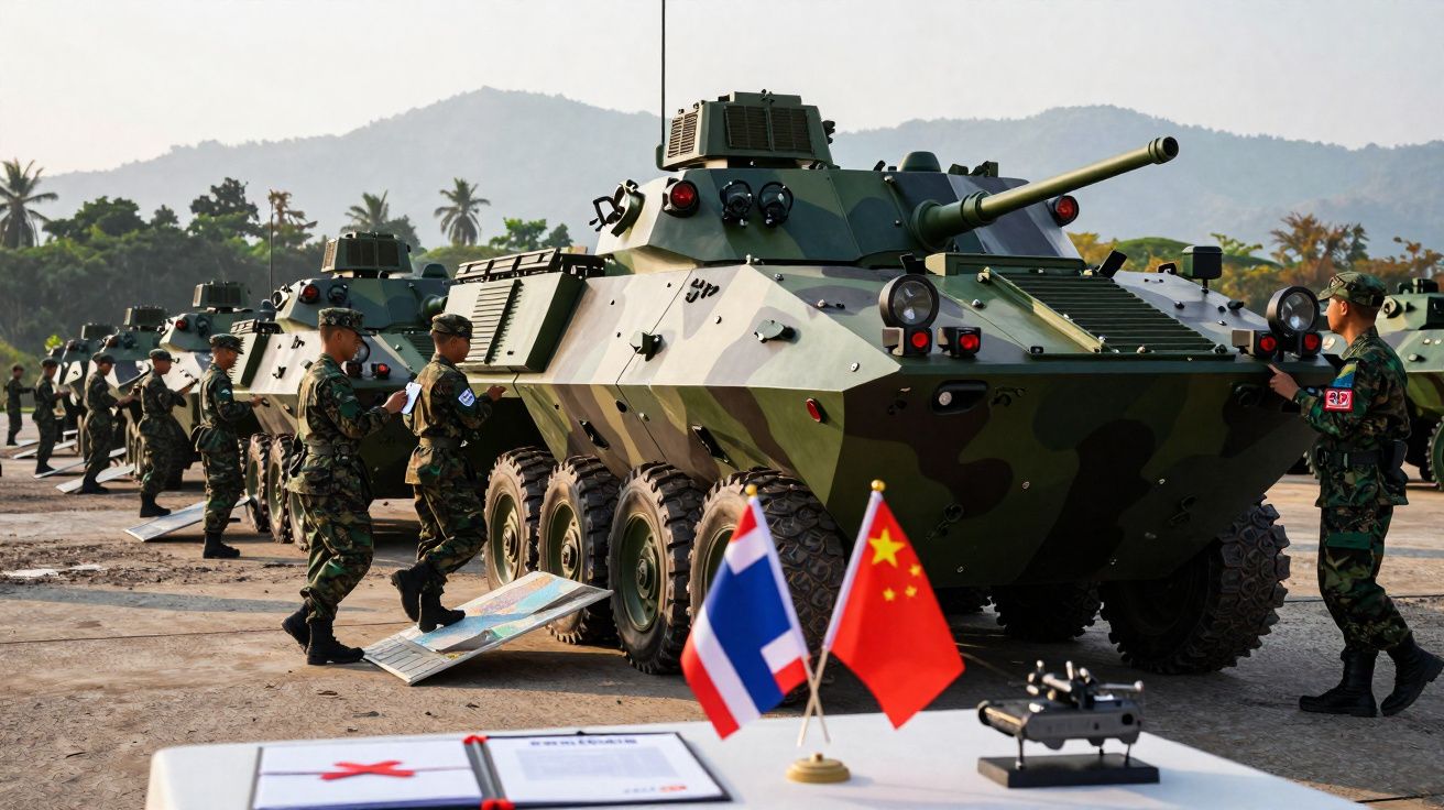 Soldados inspecionam veículos blindados militares em fila com bandeiras da Tailândia e China em primeiro plano.