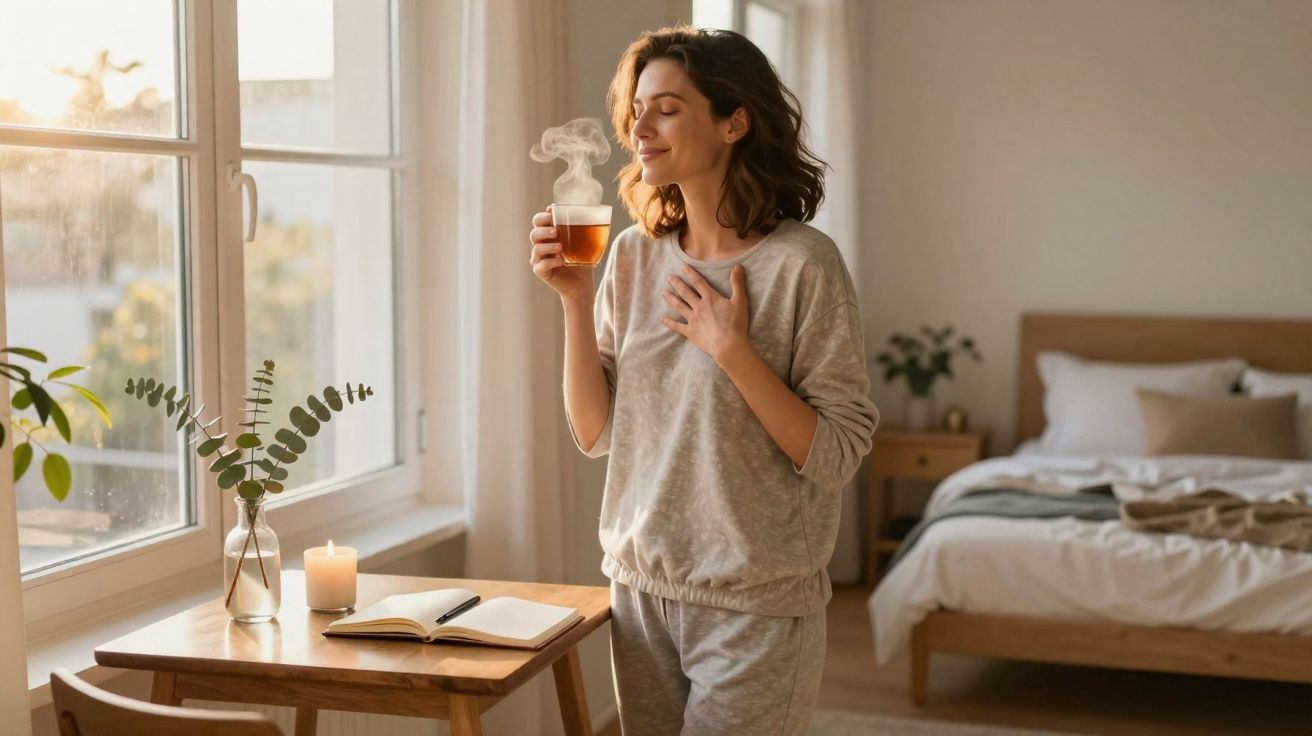 Mulher relaxada a cheirar chá quente, numa sala acolhedora com cama e mesa junto à janela.