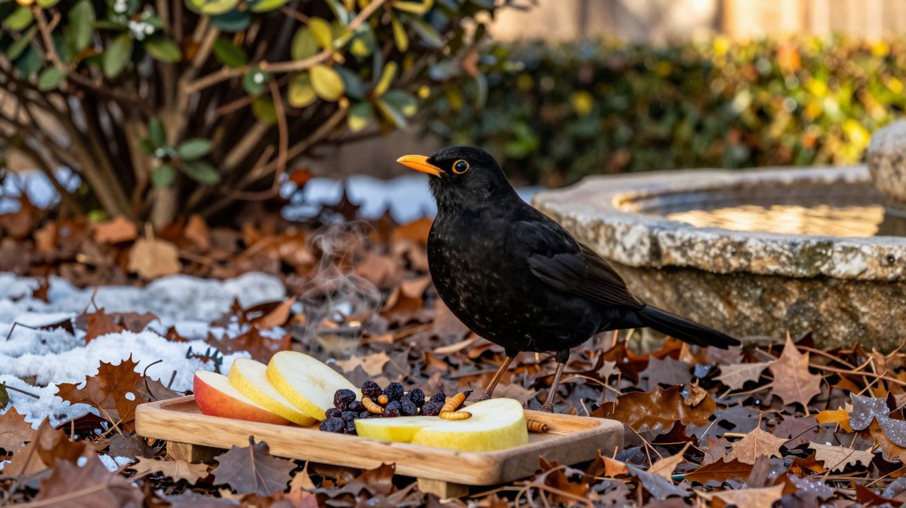 Melro preto numa floresta com folhas secas, próximo a um tabuleiro com frutas e frutos secos.
