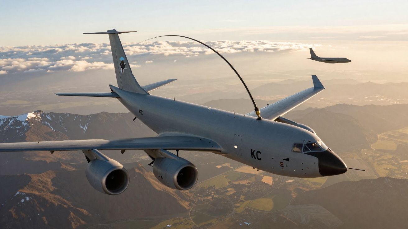 Avião militar em voo sobre montanhas com céu alaranjado ao pôr do sol e nuvens ao fundo.
