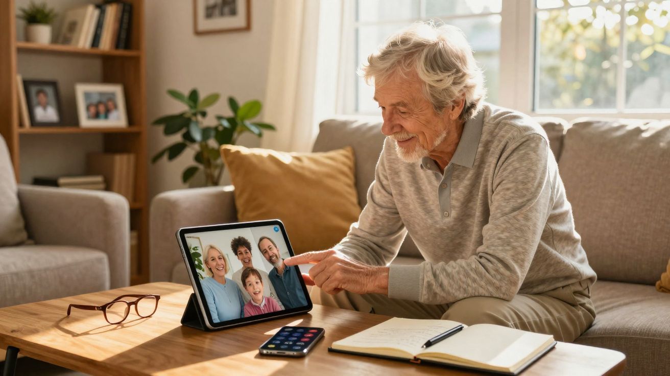 Idoso sentado a sorrir, a fazer videochamada com família num tablet numa sala de estar acolhedora.