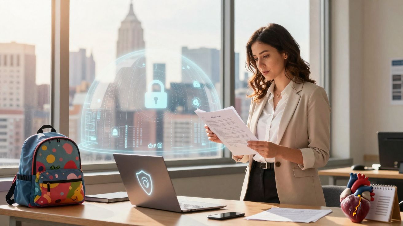 Mulher de negócios a analisar documentos numa secretária com computador e holograma de segurança digital.