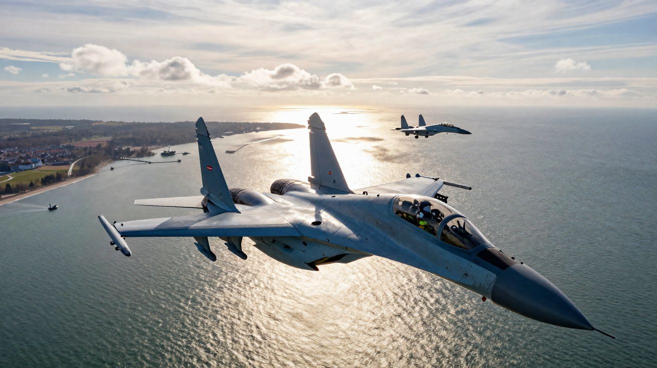 Dois caças militares em voo sobre o mar com a costa ao fundo sob céu parcialmente nublado.